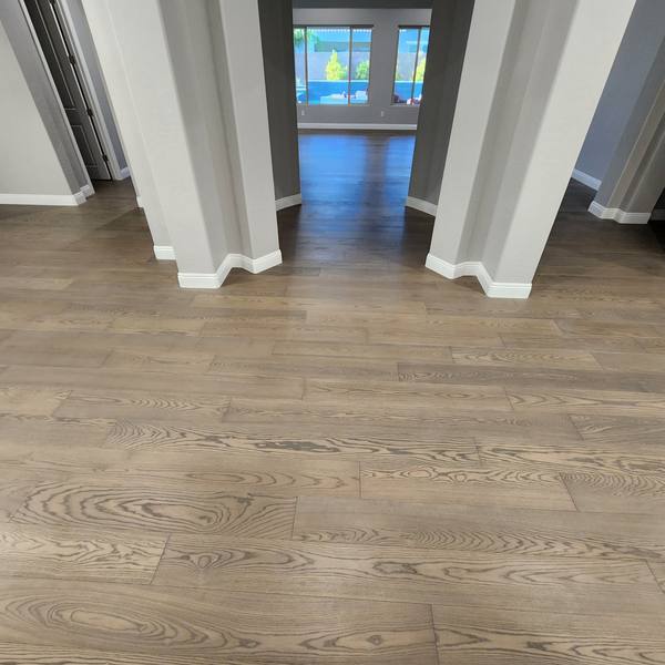 Engineered hardwood hallway into a family room