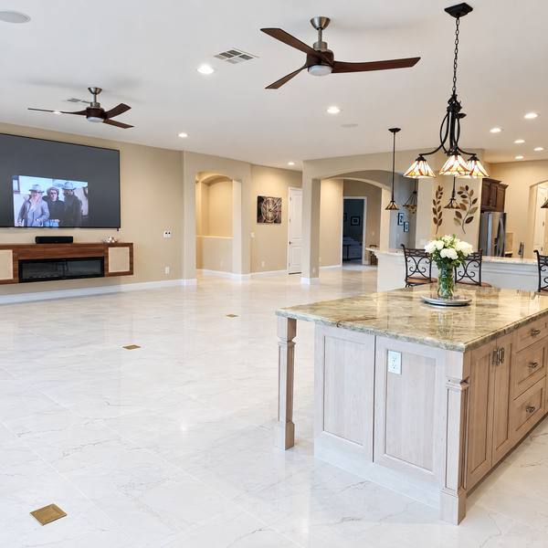 Tile floor around a kitchen island