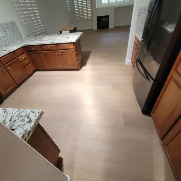 12x72 wood-look tile through a kitchen